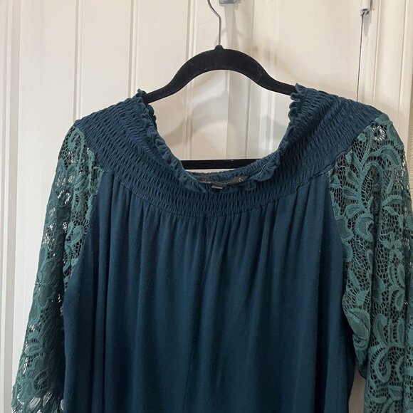 Womens Hunter Green Off Shoulder Lace Sleeves Boho Cottage Core Top 2X Romantic - Picture 6 of 10